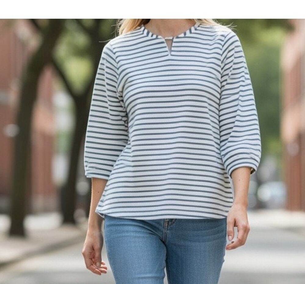 Croft & Barrow Women's 2XL Green White Striped 3/4 Sleeve Blouse Top
